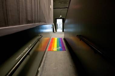 A rug representing the gay and lesbian community is on display during the construction of a dance club inside Krave Massive, the world’s largest gay club, featuring a Top 40 Club, Hip Hop Club, Country Saloon, Men’s Revue Show and more in the reconstructed theater space at Neonopolis in downtown Las Vegas, March 7, 2013.